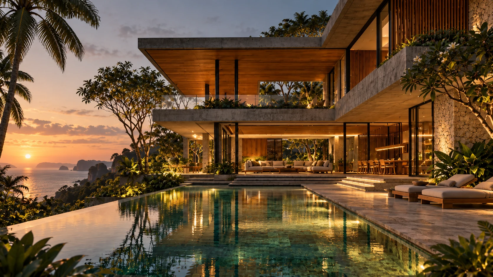 An evening interpretation of the tropical residence, with warm interior lighting and sunset reflected in the pool