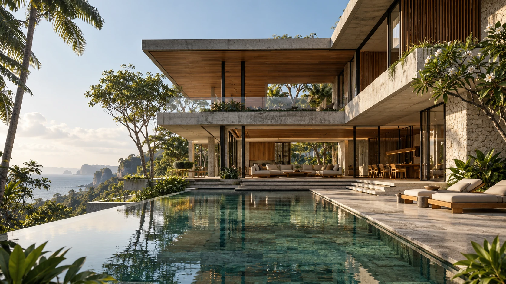 Concept visual of a tropical villa with deep roof overhangs, timber screens and an open living terrace beside a pool