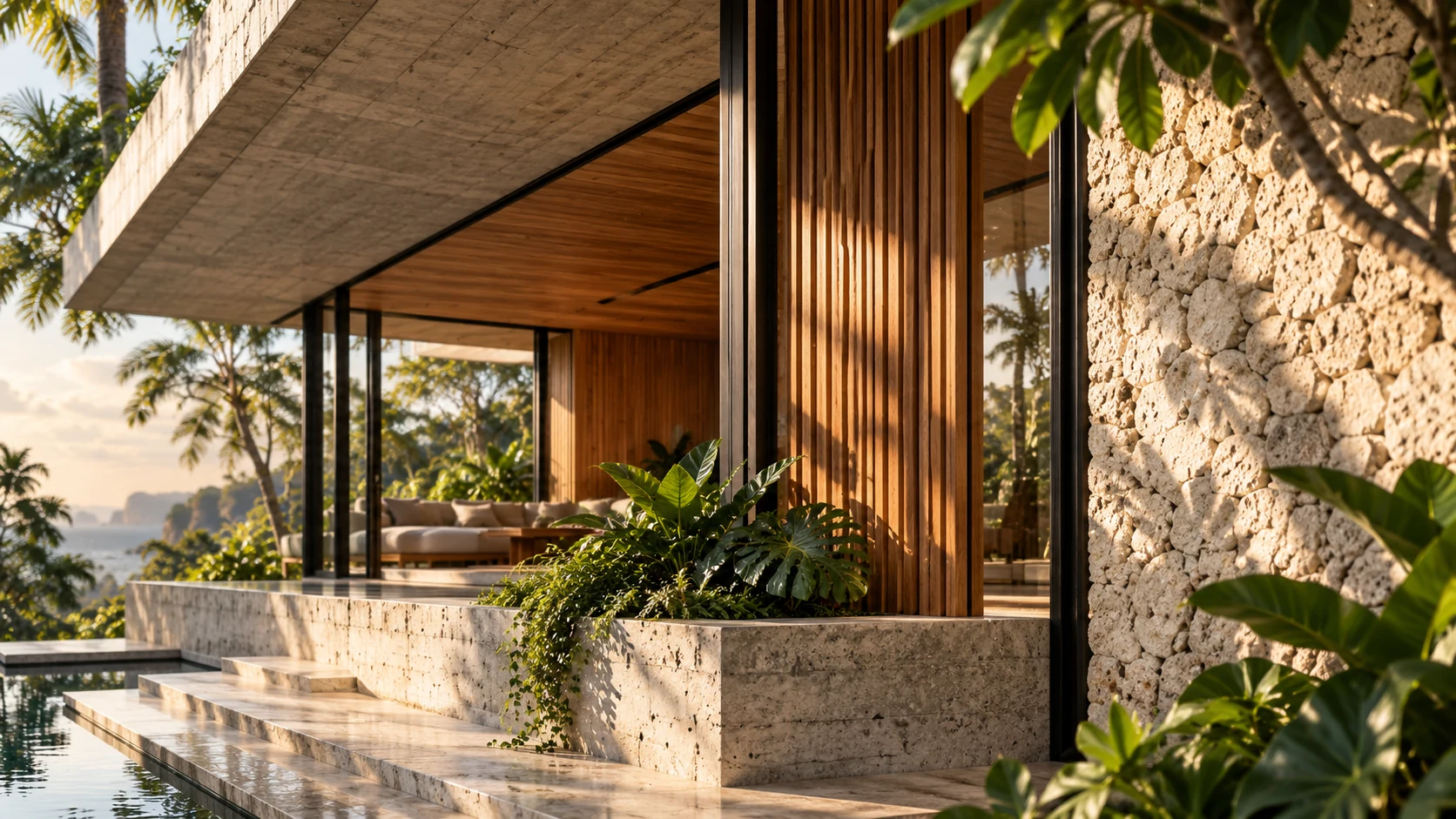 Concept detail of textured stone, vertical timber screens and a deep concrete overhang